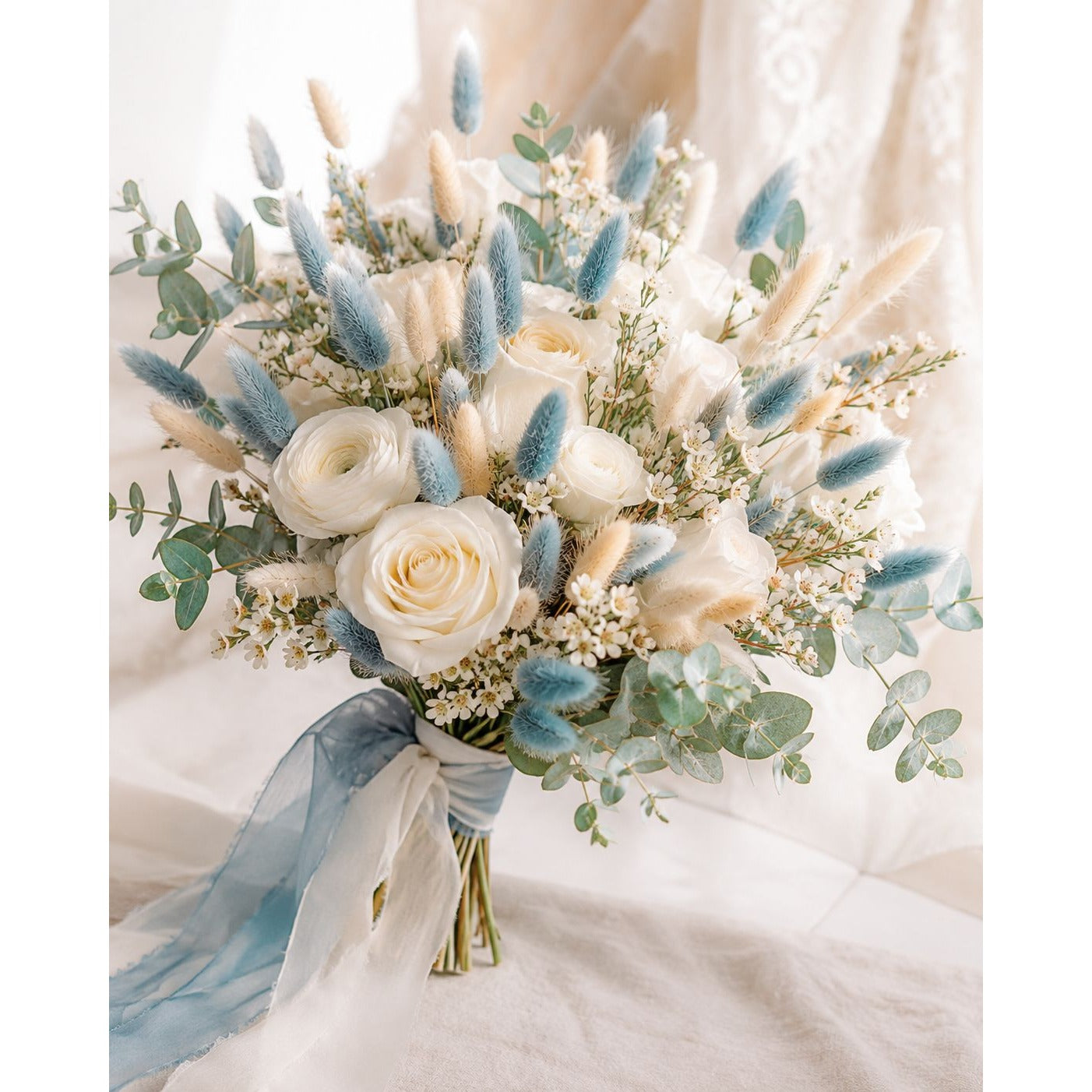 Cream Blue Bunny Tail Grass 70 Stems | 16 Inch Dusty Blue Dried Lagurus for Wedding Centerpieces Coastal Decor