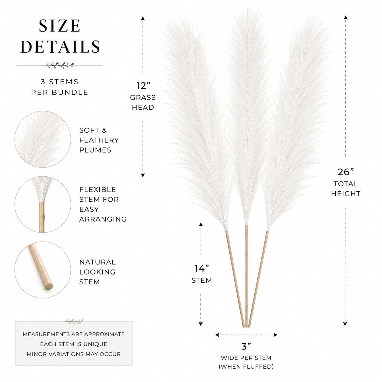 White decorative grass with size details on a white background