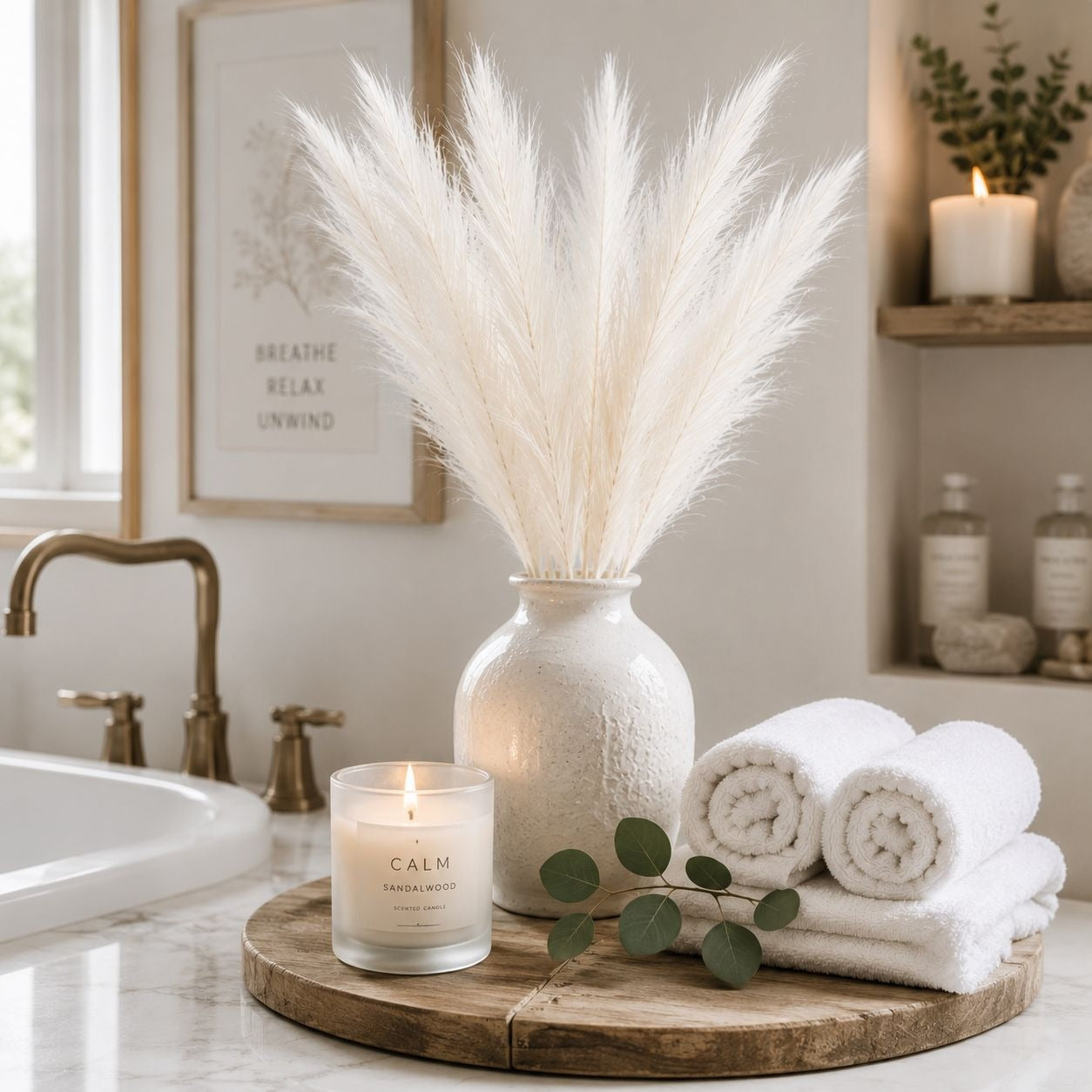 Bathroom counter with a vase of pampas grass, candles, and towels.
