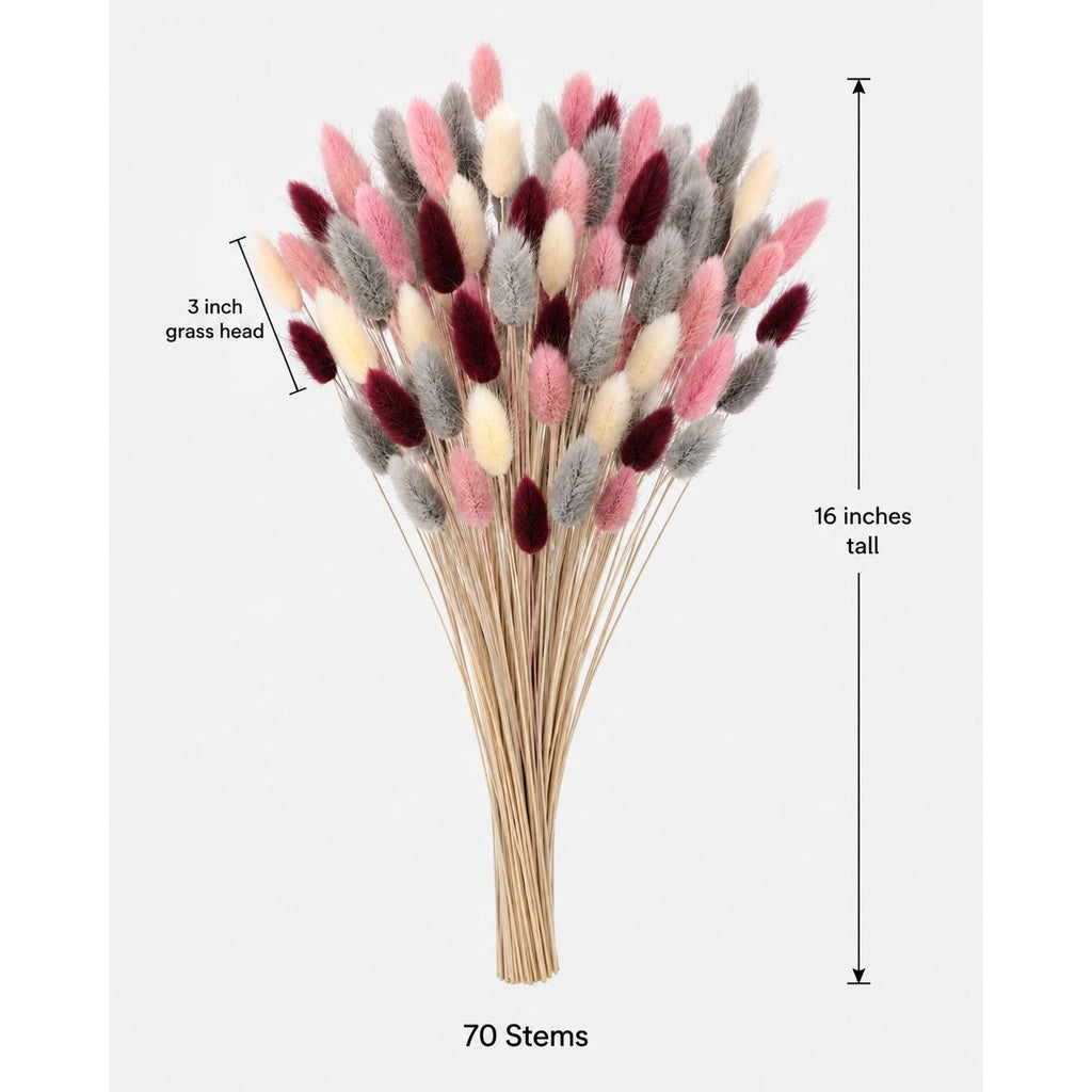 Burgundy Pink Bunny Tail Grass 70 Stems | 16 Inch Gray Cream Dyed Dried Lagurus for Fall Wedding Centerpieces Decor