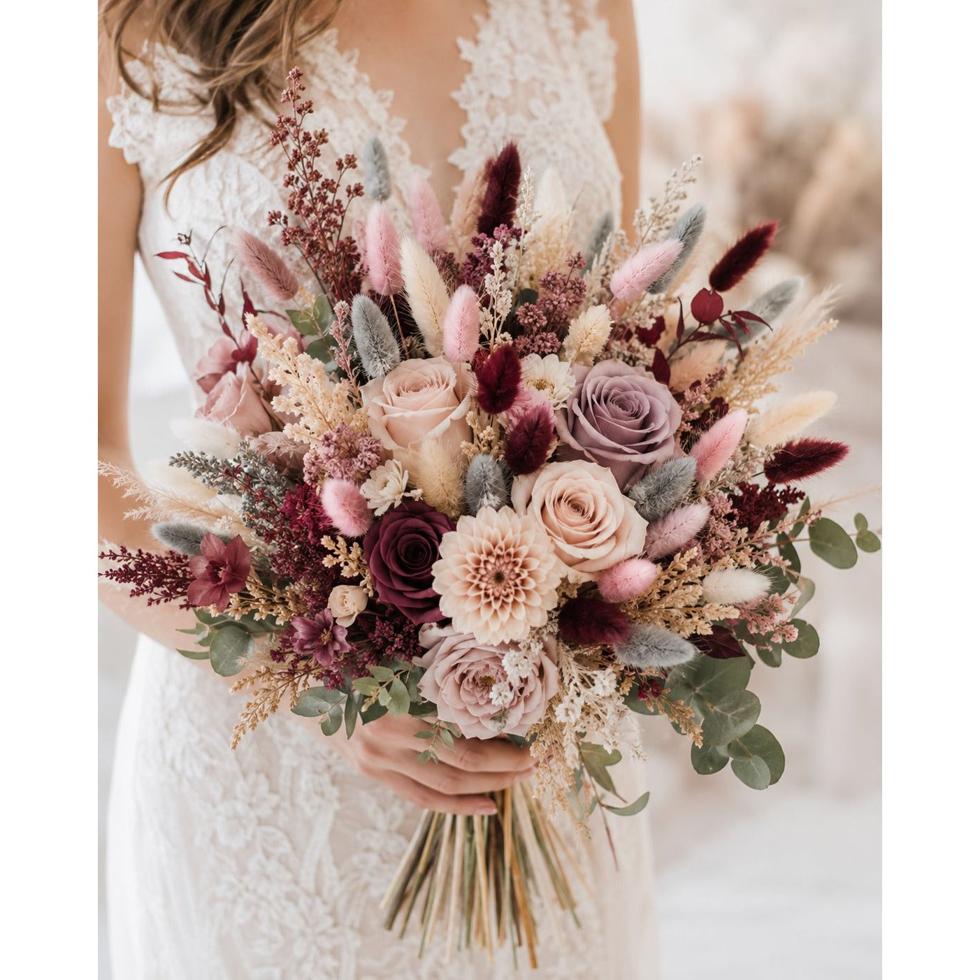 Burgundy Pink Bunny Tail Grass 70 Stems | 16 Inch Gray Cream Dyed Dried Lagurus for Fall Wedding Centerpieces Decor