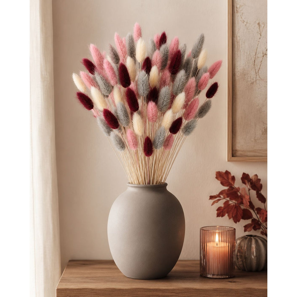 Burgundy Pink Bunny Tail Grass 70 Stems | 16 Inch Gray Cream Dyed Dried Lagurus for Fall Wedding Centerpieces Decor