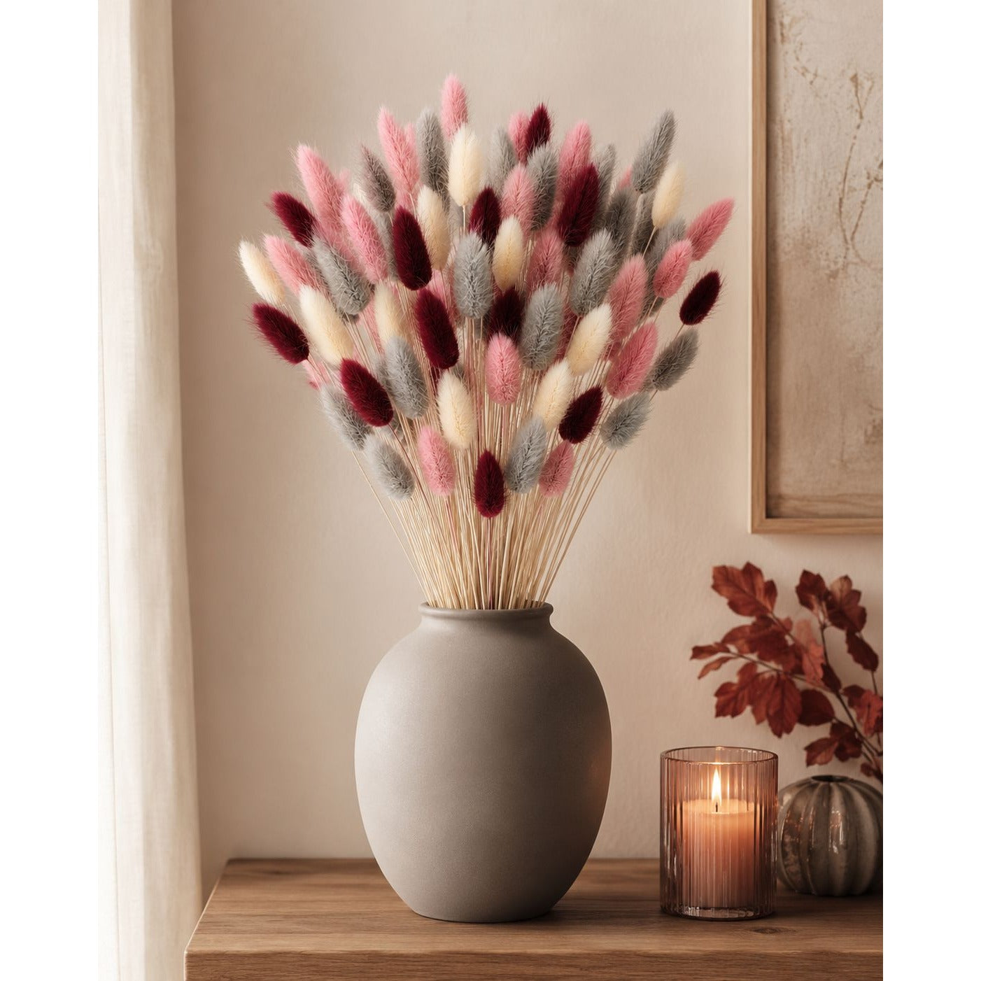 Burgundy Pink Bunny Tail Grass 70 Stems | 16 Inch Gray Cream Dyed Dried Lagurus for Fall Wedding Centerpieces Decor