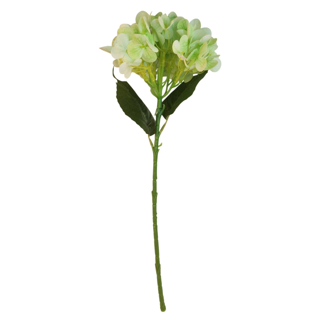 Light green artificial hydrangea stem silk flower on white background, full stem view for spring wedding and home decor