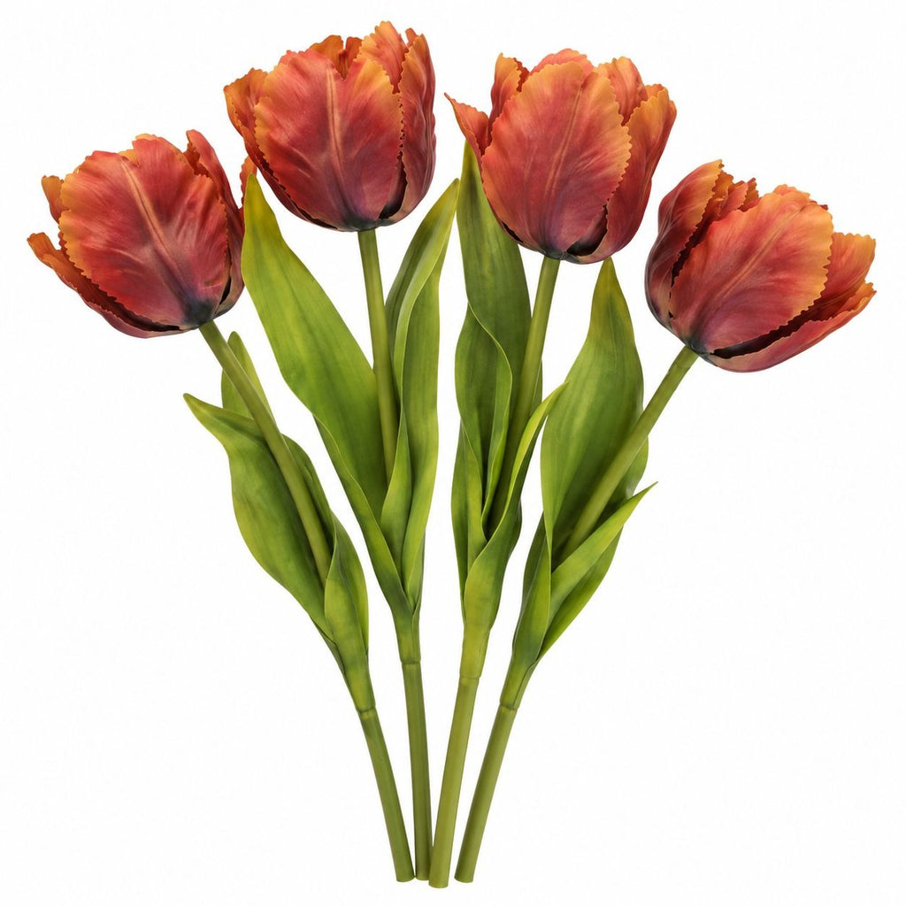 4 Terracotta Parrot Tulips, 14-Inch Faux Artificial Flowers, Rust Orange