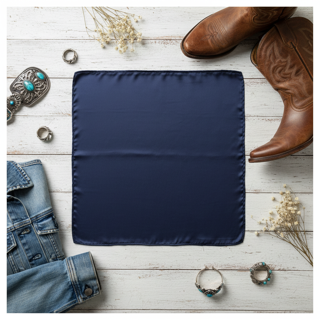 Dark blue satin scarf 19x19 flat lay with western accessories