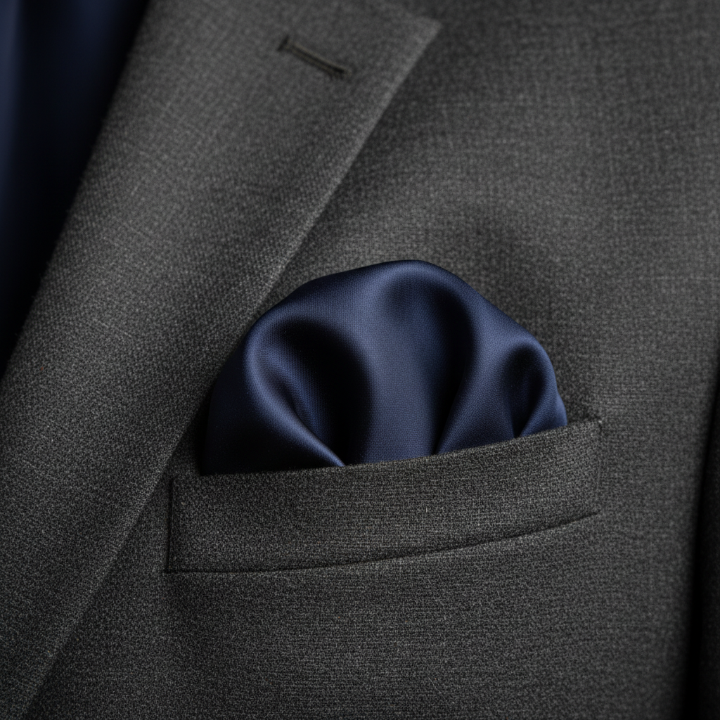 Dark blue satin scarf 19x19 folded as pocket square in blazer
