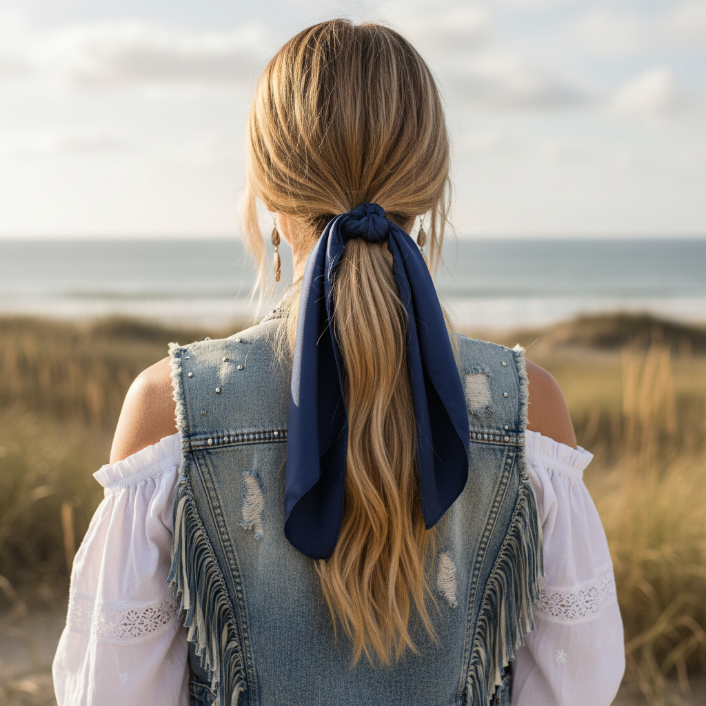 Dark blue satin scarf 19x19 tied at ponytail draping down