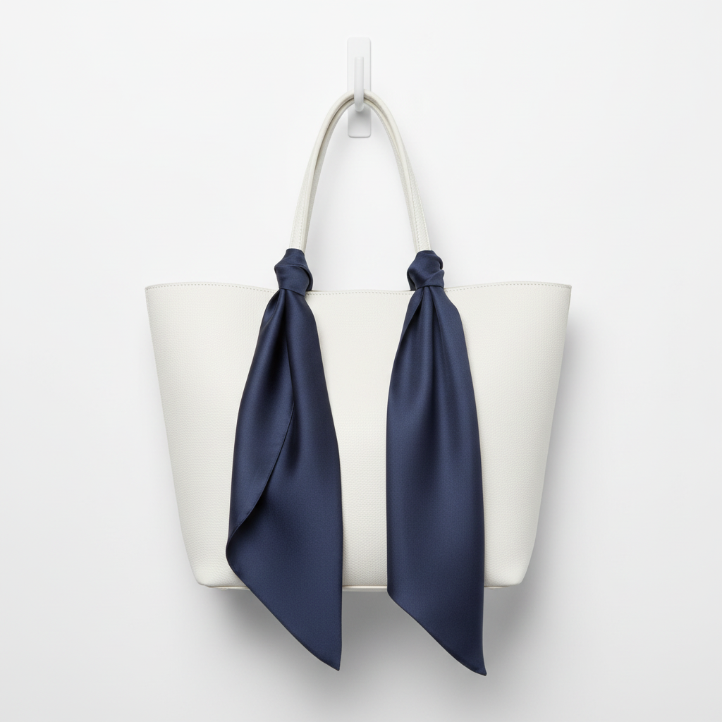 Dark blue satin scarf 19x19 tied on white purse draping down