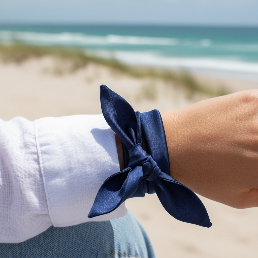 Dark blue satin scarf 19x19 wrapped twice around wrist with bow