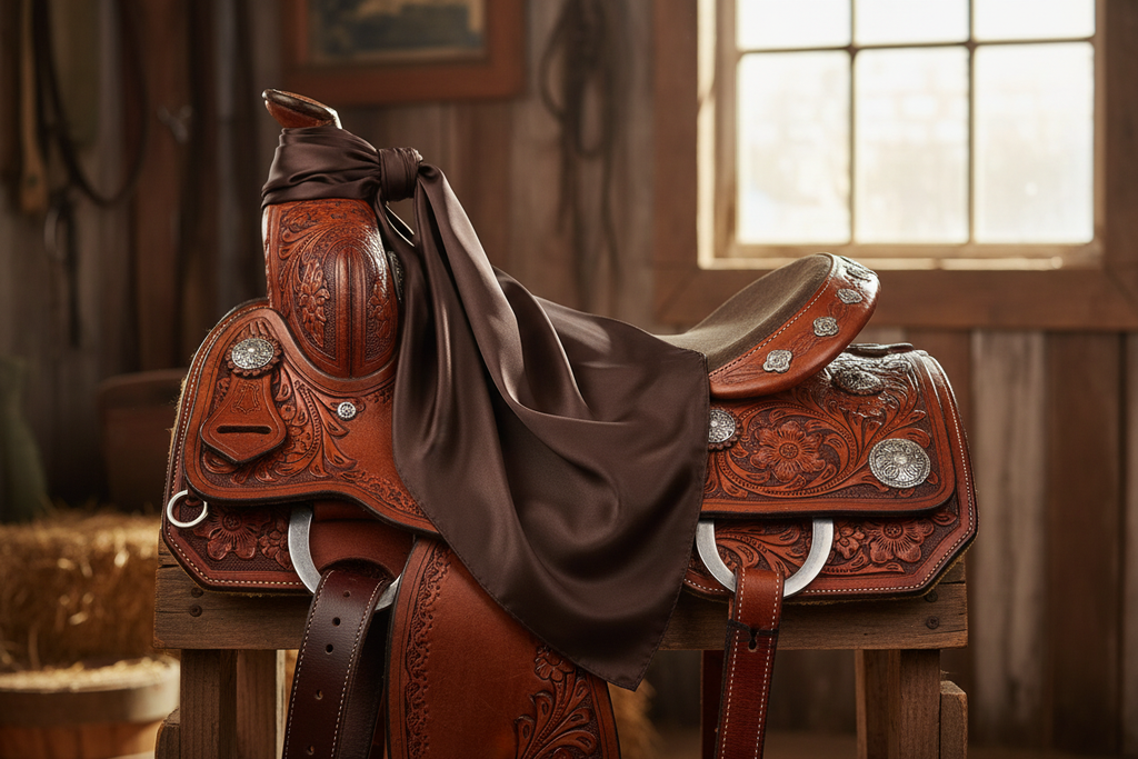 Dark brown wild rag 23x23 draped over western saddle with tack
