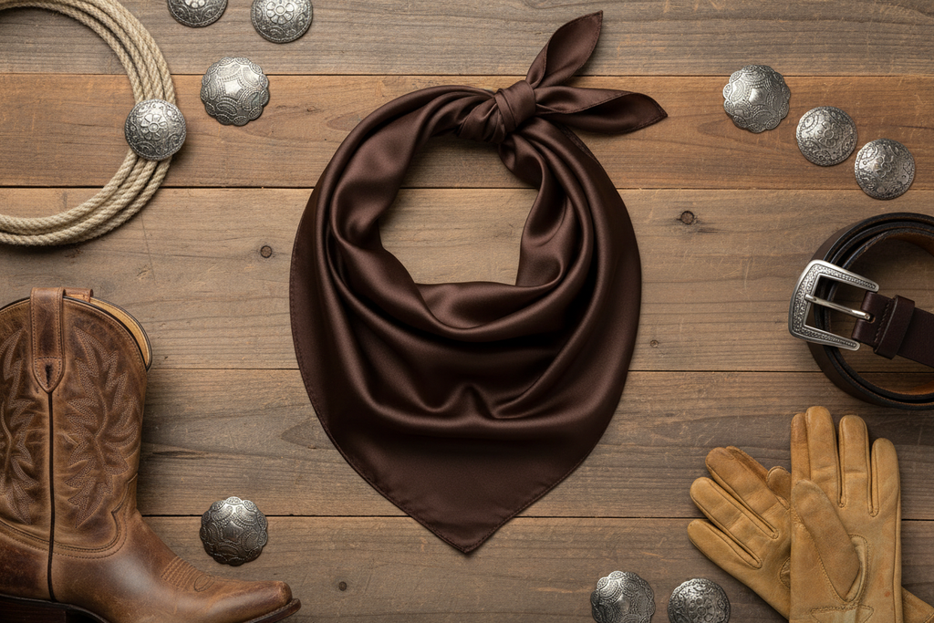 Dark brown wild rag 23x23 laid flat in square shape with western accessories