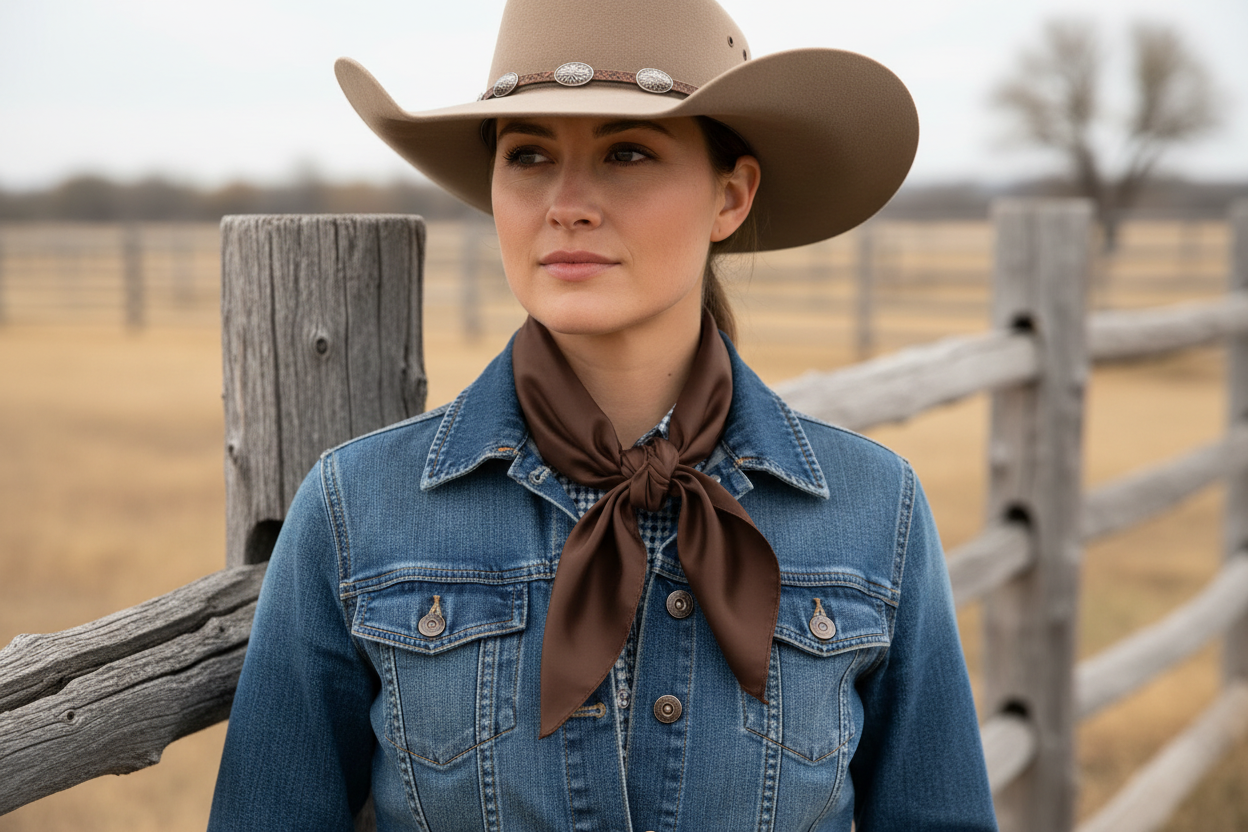 Dark brown wild rag 23x23 scarf wrapped around cowgirl's neck
