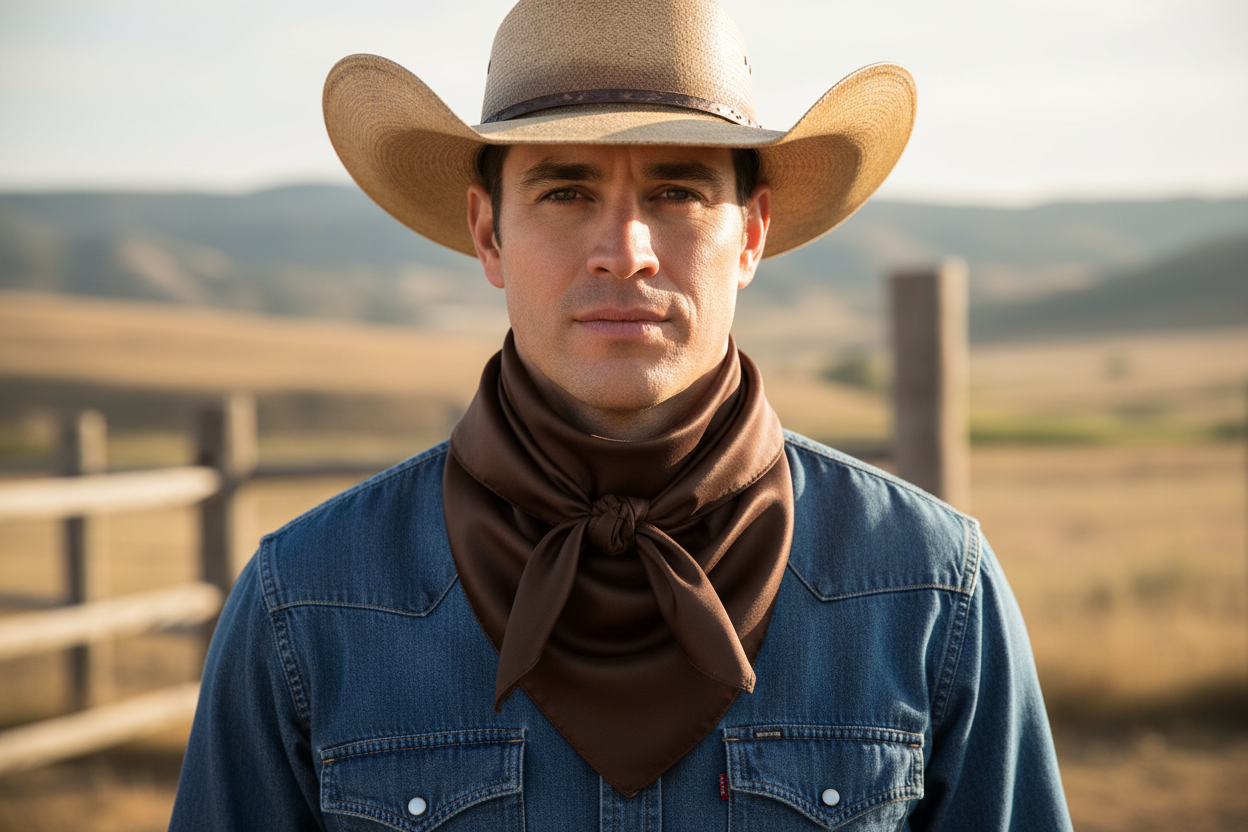 Dark brown wild rag scarf doubled around cowboy's neck matching product photo