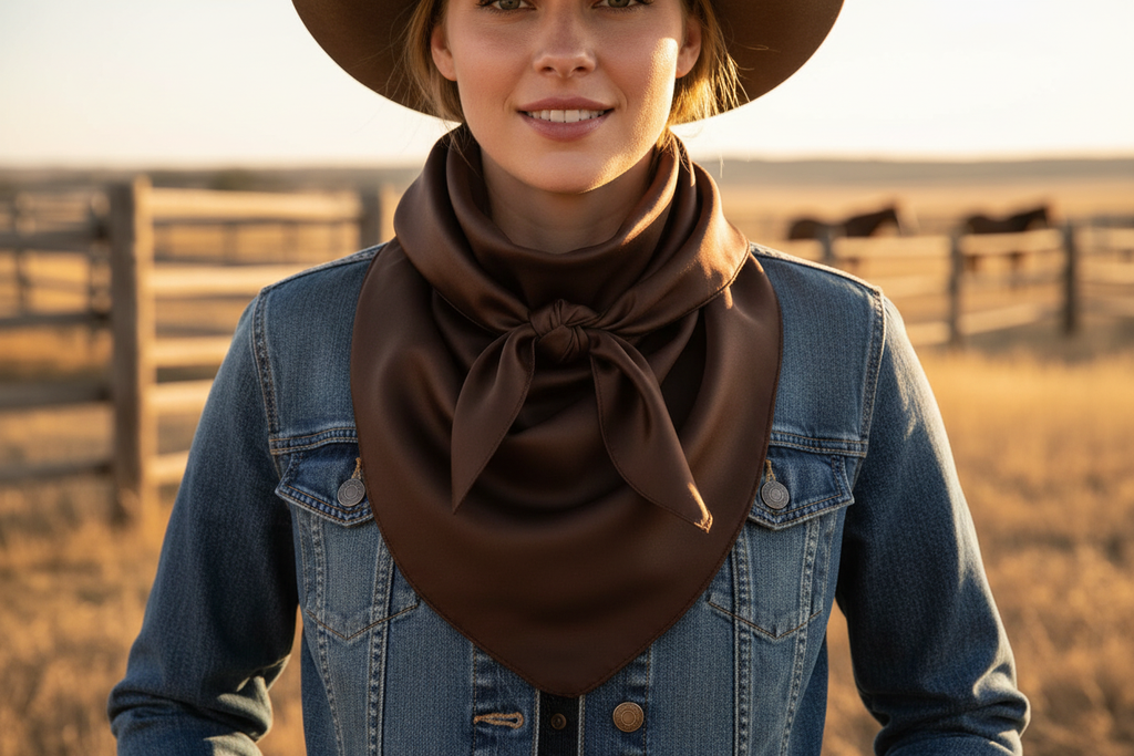 Dark brown wild rag scarf doubled around cowgirl's neck matching product photo