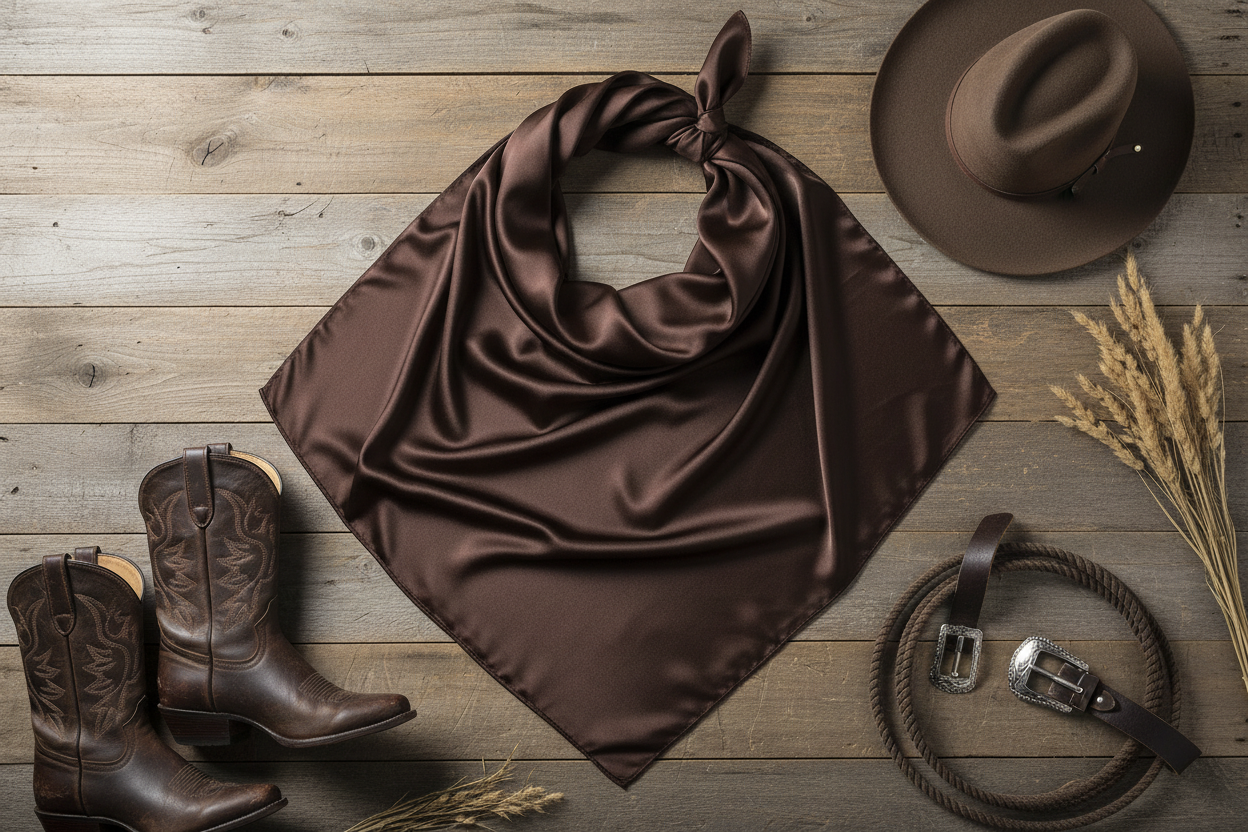 Dark brown wild rag scarf flat lay with western accessories