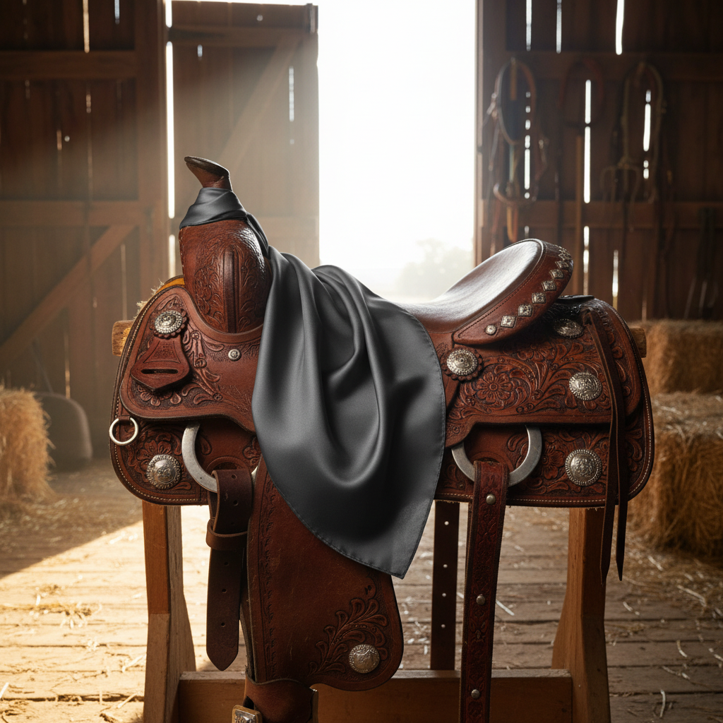 Dark gray wild rag 23x23 draped over western saddle with tack
