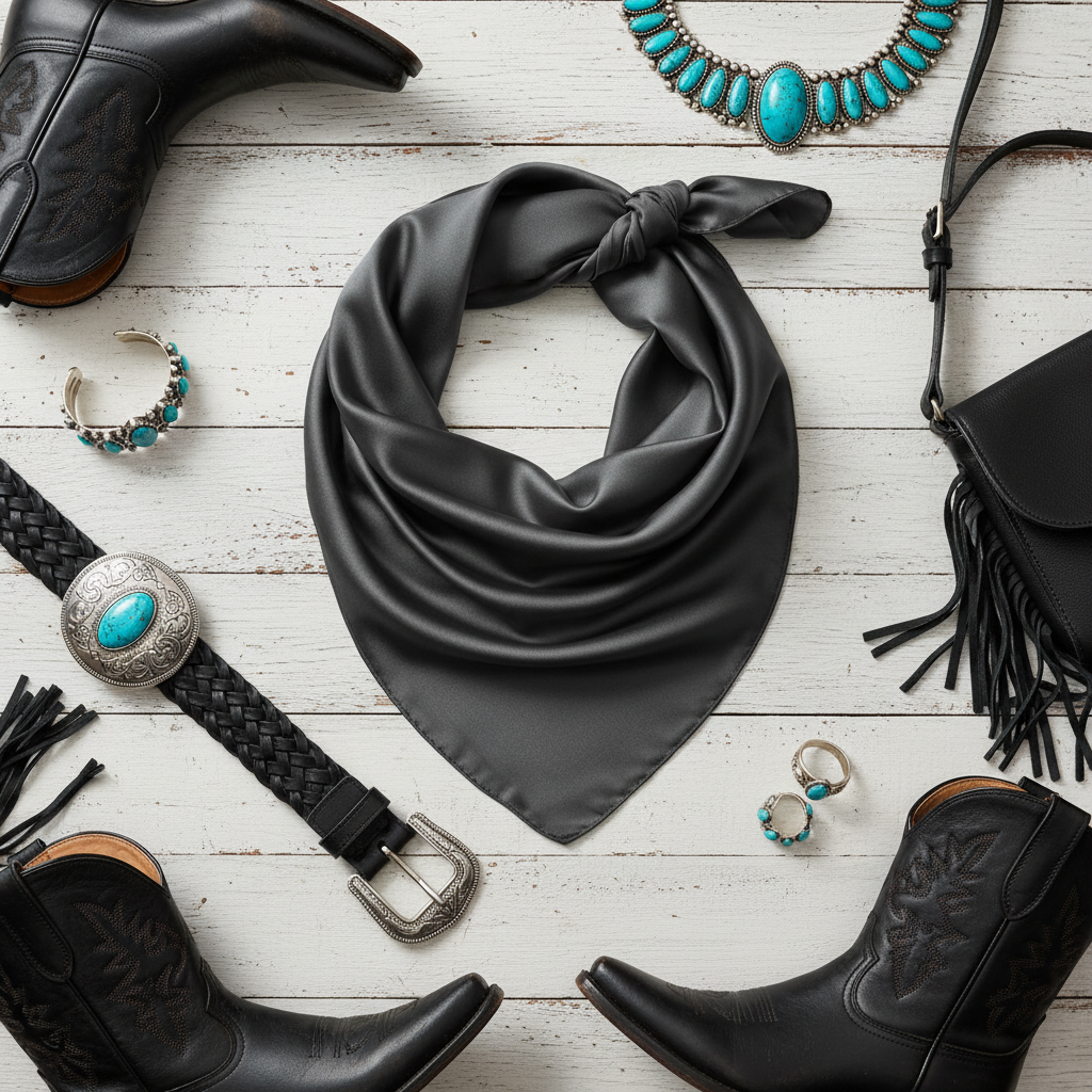 Dark gray wild rag 23x23 flat lay with black boots and silver turquoise accessories