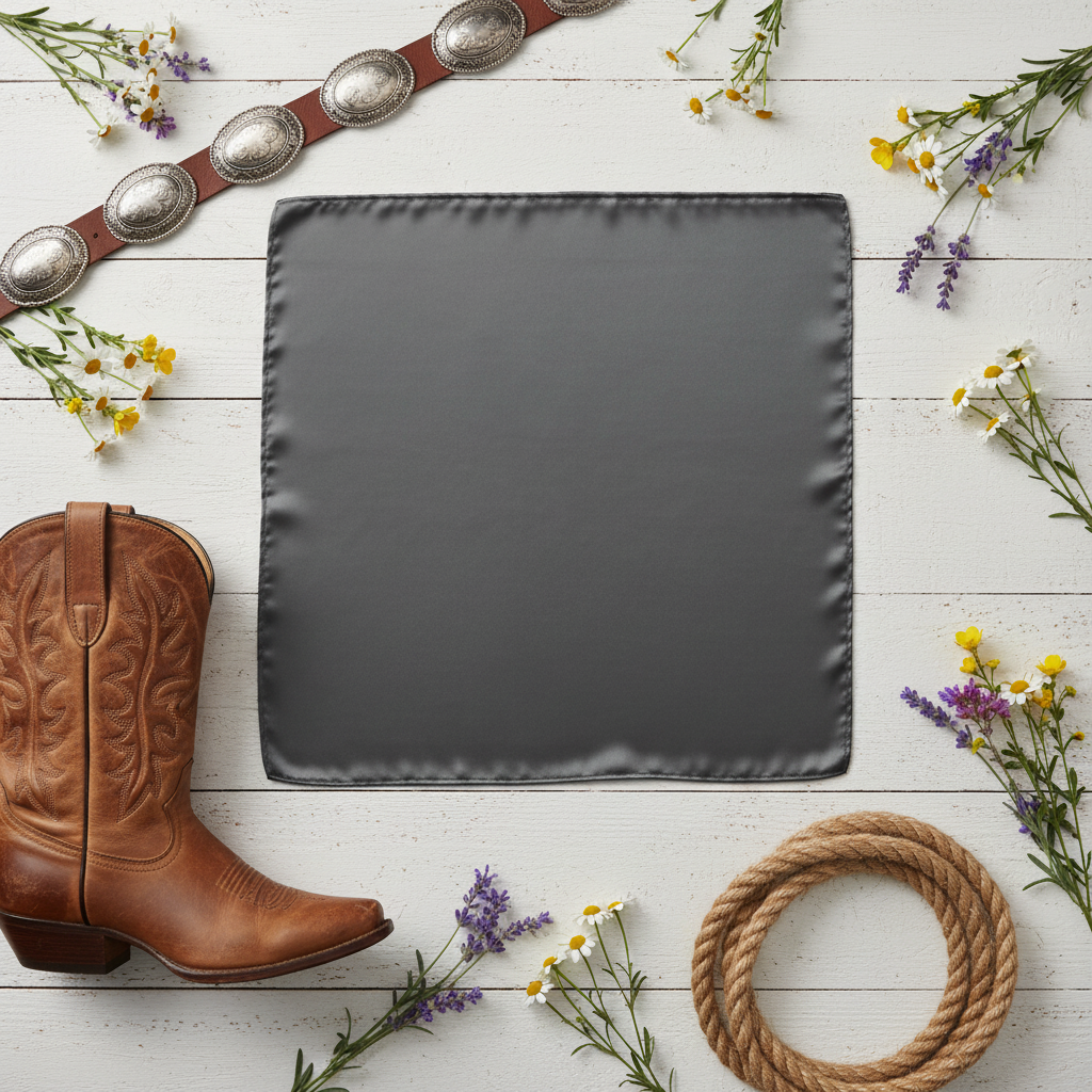 Dark gray wild rag 23x23 flat lay with brown boots rope and wildflowers