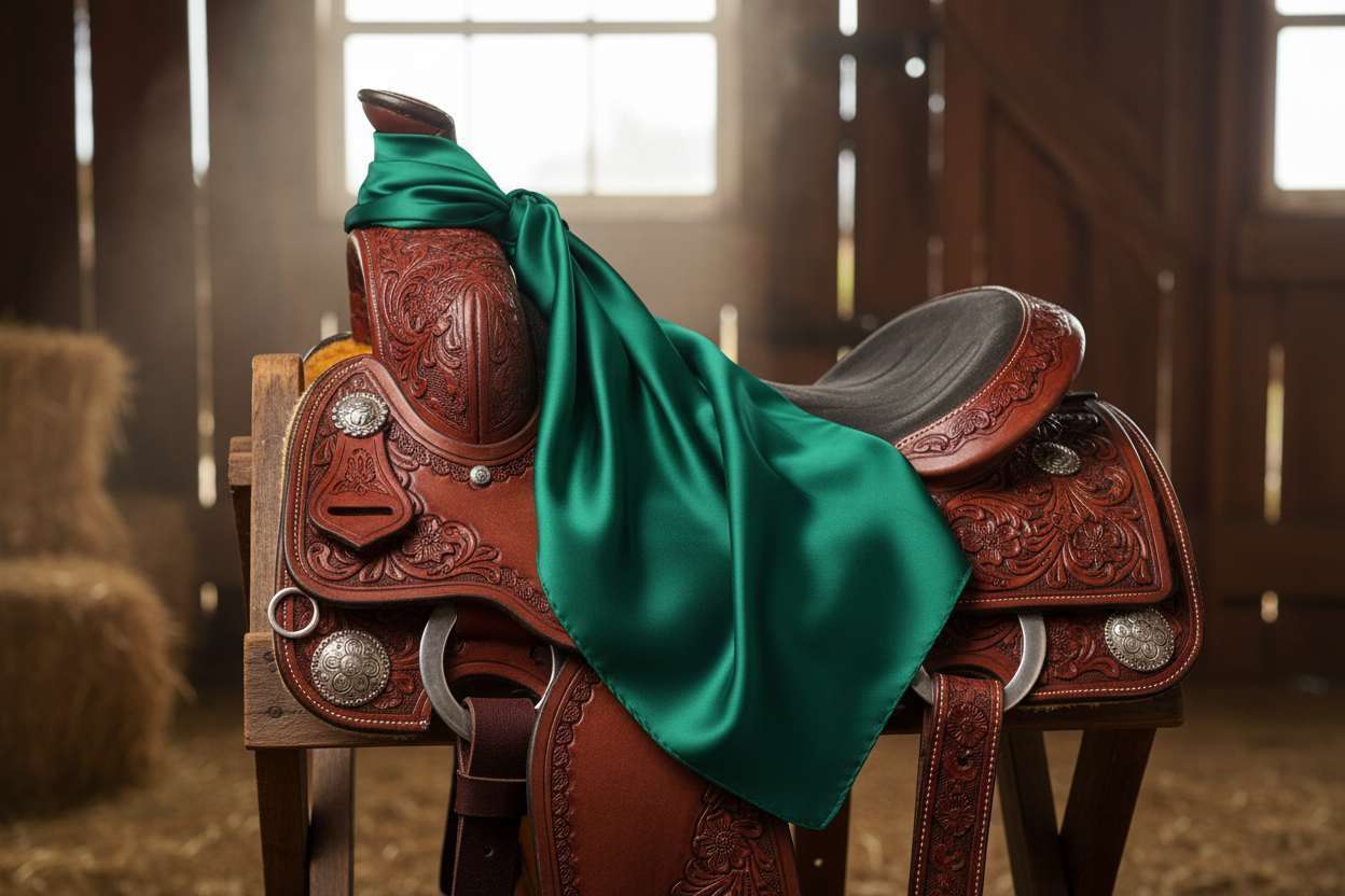 Dark green wild rag 23x23 draped over western saddle with tack
