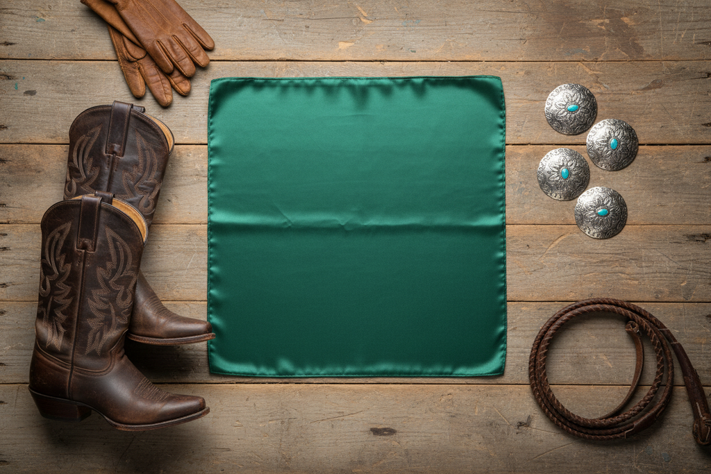 Dark green wild rag 23x23 laid flat in square shape with western accessories