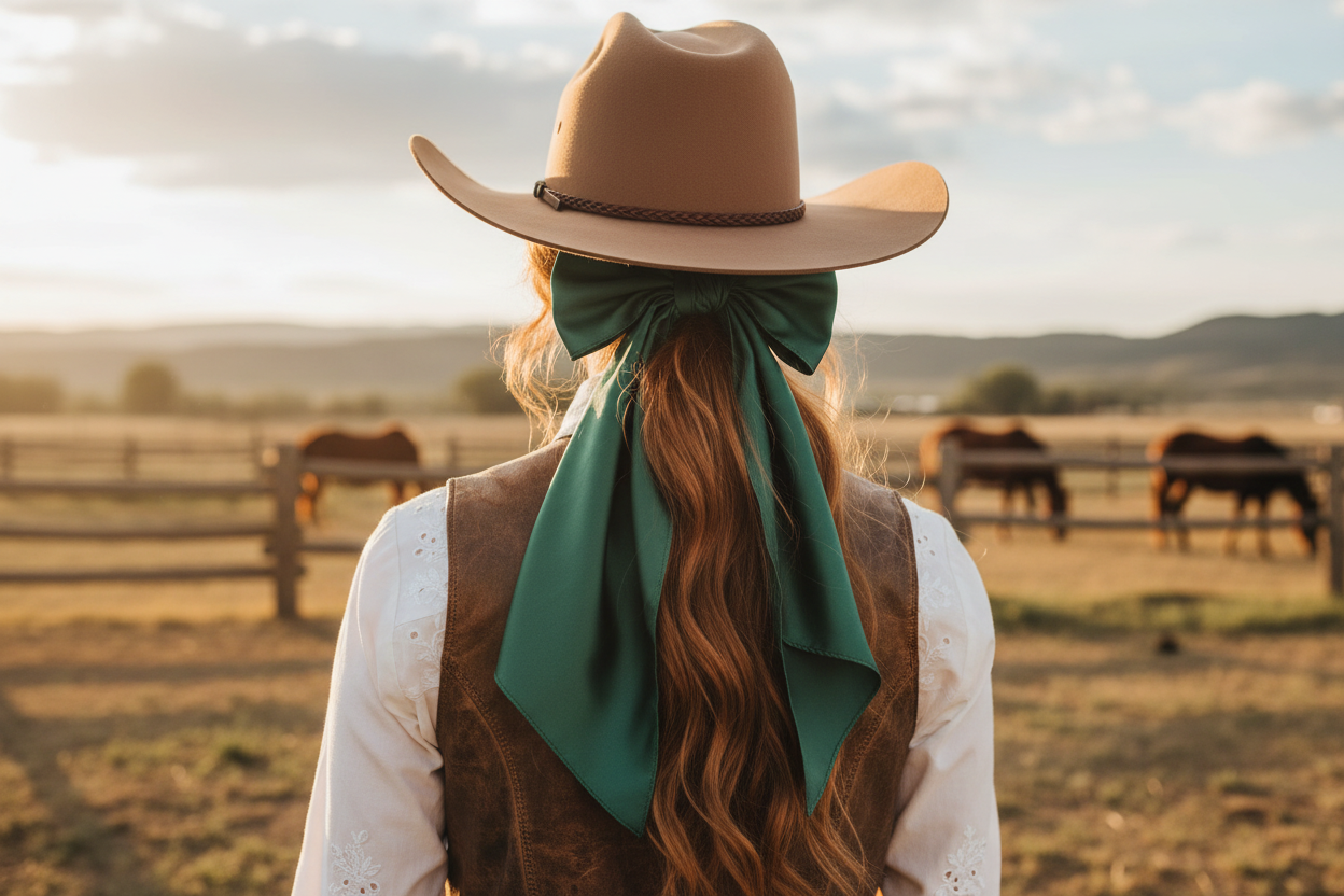 Dark green wild rag 23x23 scarf styled as hair tie on cowgirl