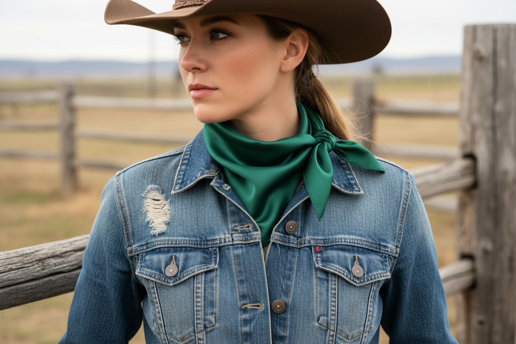 Dark green wild rag 23x23 scarf wrapped around cowgirl's neck