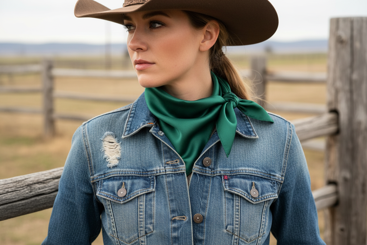 Dark green wild rag 23x23 scarf wrapped around cowgirl's neck