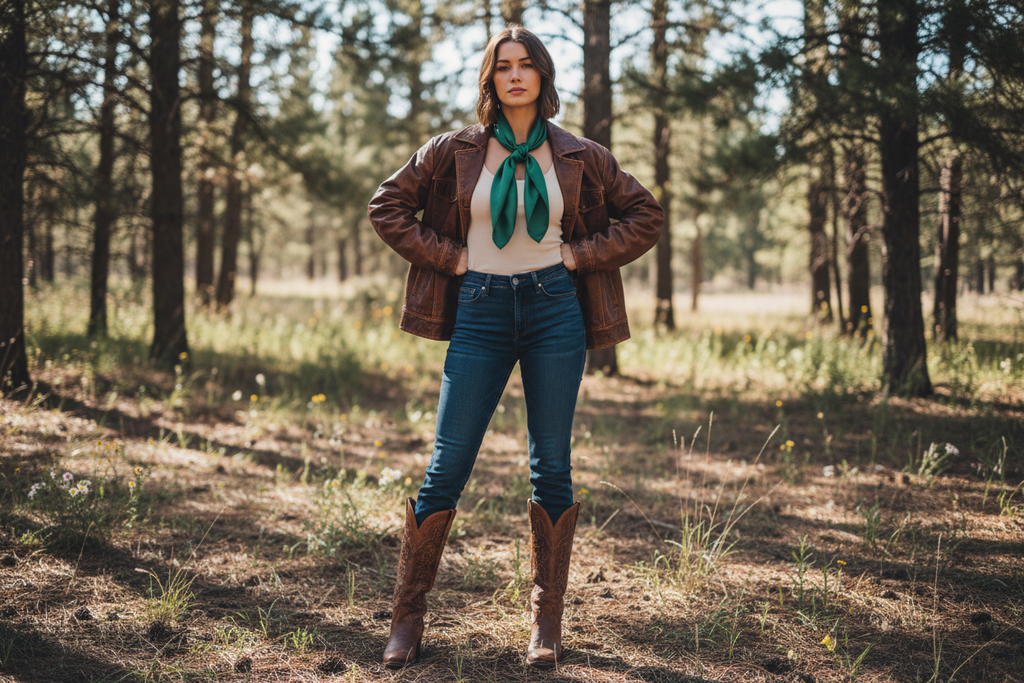 Dark green wild rag 23x23 styled with leather jacket and boots