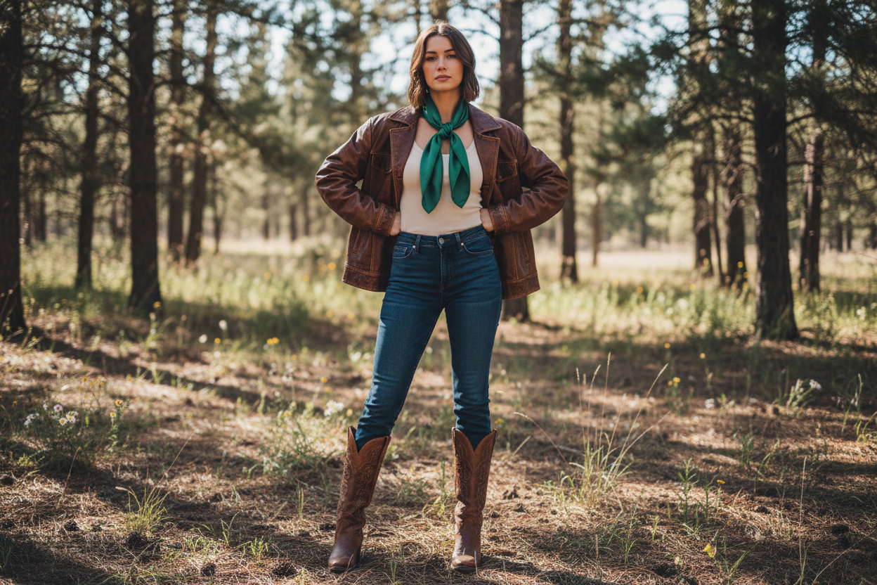 Dark green wild rag 23x23 styled with leather jacket and boots