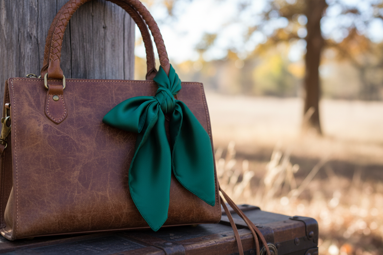 Dark green wild rag 23x23 tied on western leather purse
