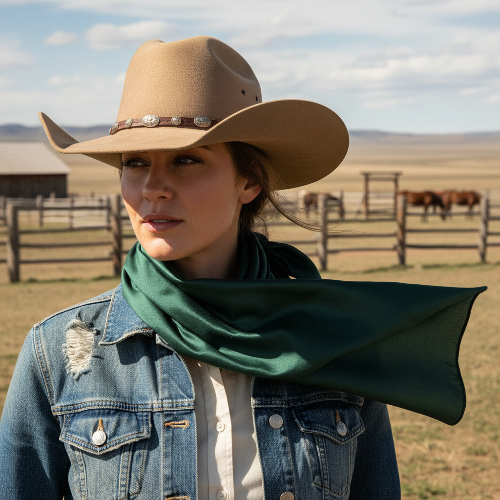 Dark green wild rag scarf doubled around cowgirl's neck
