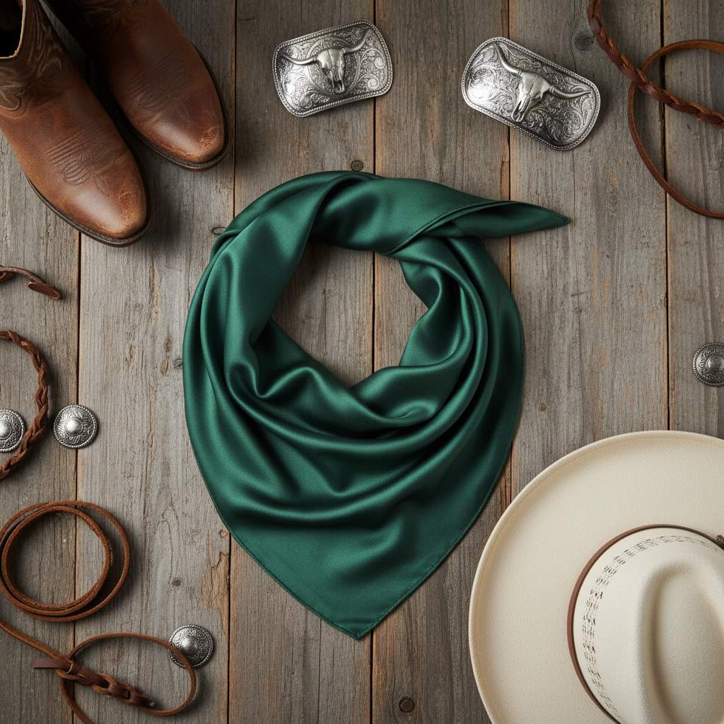 Dark green wild rag scarf flat lay with western accessories