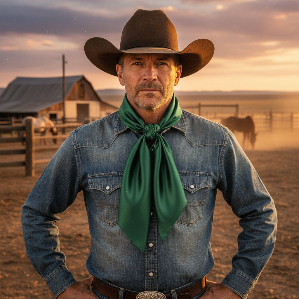 Dark green wild rag scarf tied in front around cowboy's neck