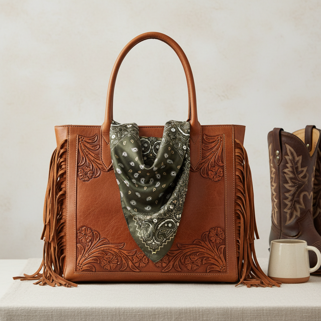 Dark olive green paisley scarf draped over a Western handbag