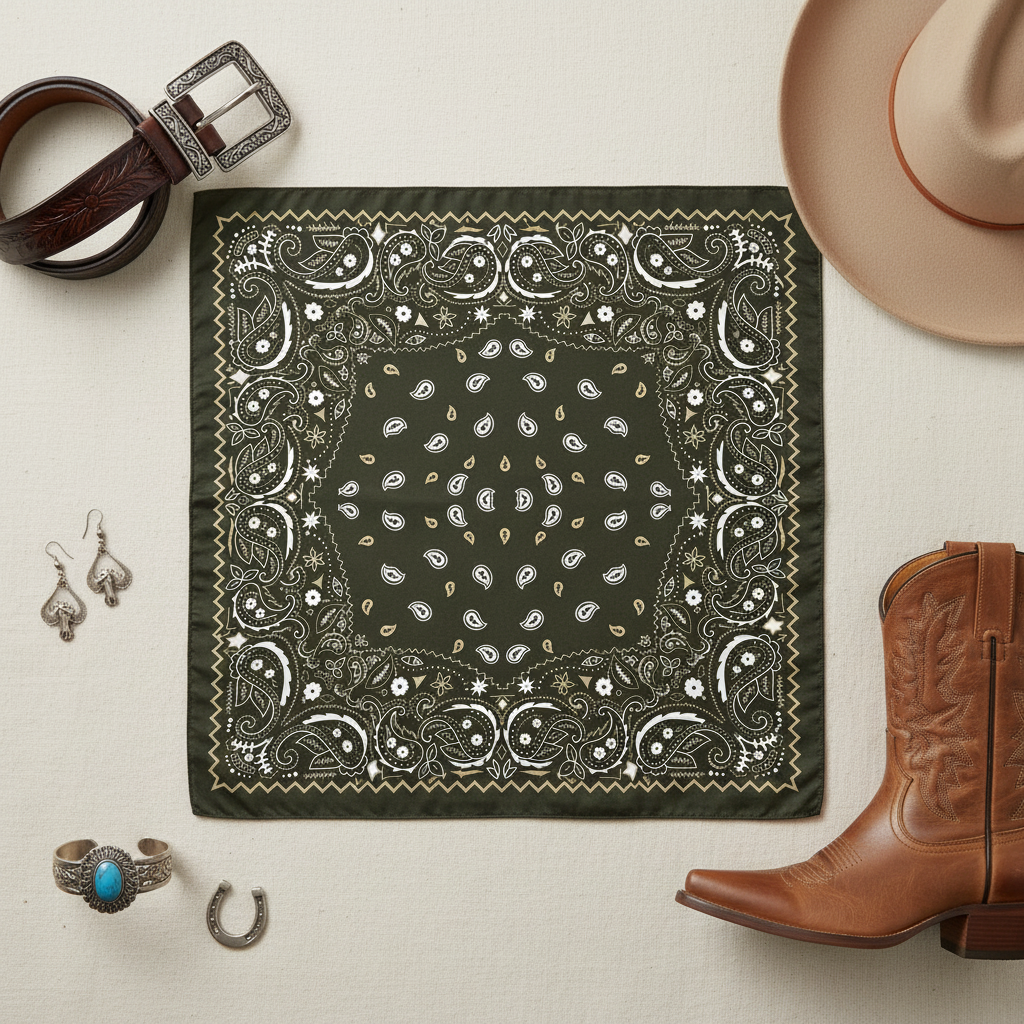Dark olive green paisley scarf in a Western accessory flat lay