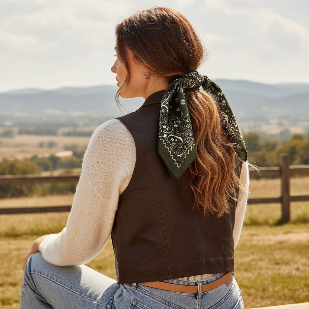 Dark olive green paisley scarf used as a ponytail accent