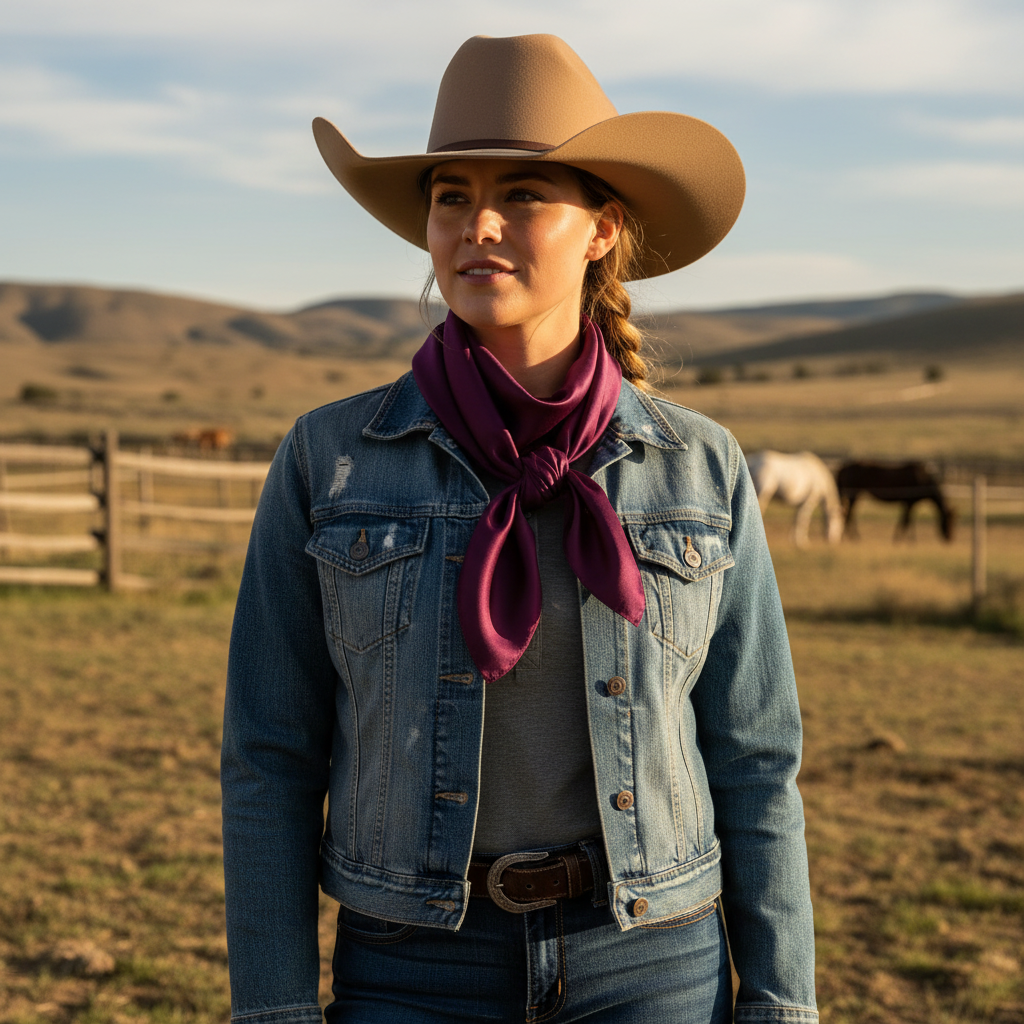 Deep burgundy purple wild rag scarf doubled around cowgirl's neck