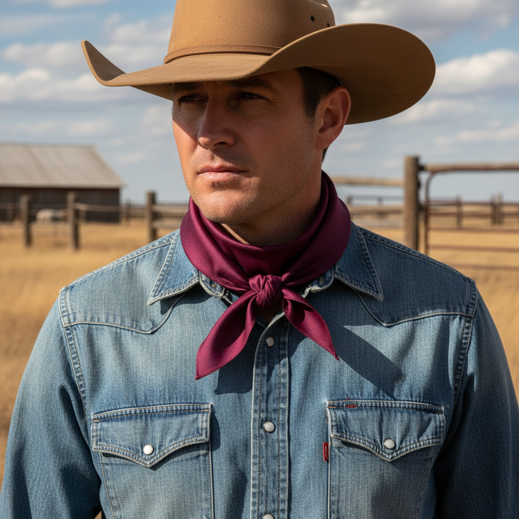 Deep burgundy purple wild rag scarf with triangular fold worn by cowboy