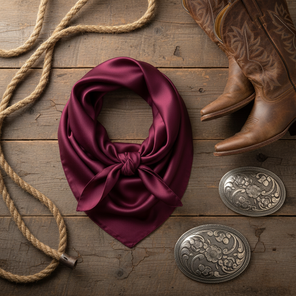 Deep burgundy purple wild rag styled flat lay with western accessories