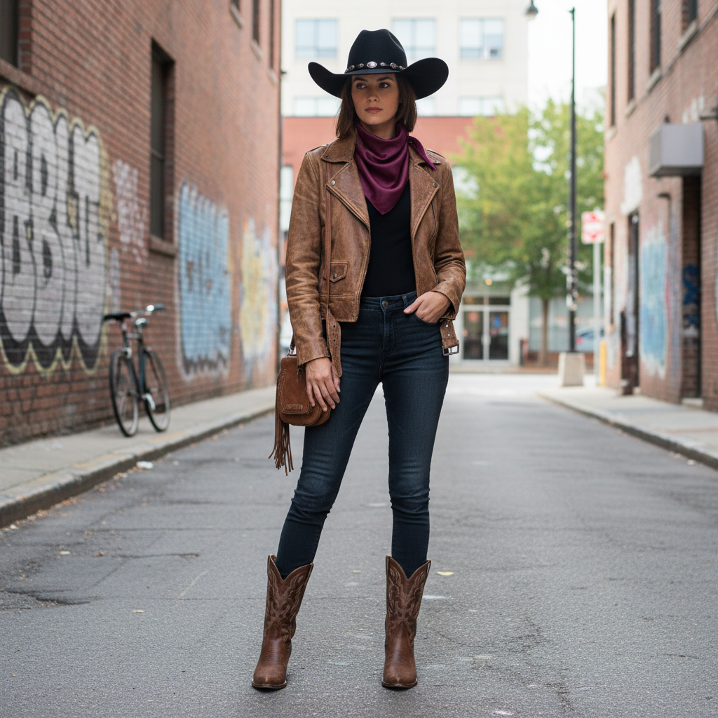 Deep burgundy purple wild rag styled with leather jacket and boots