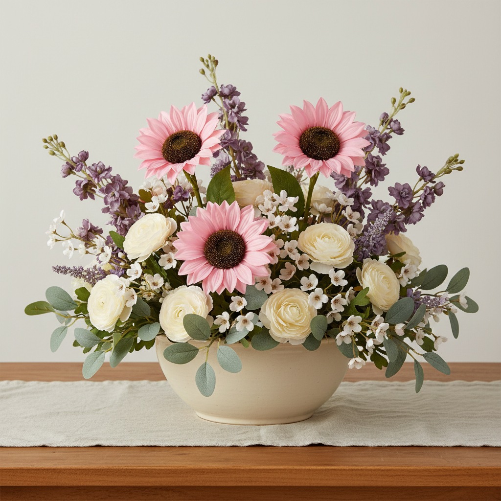 Dense florist-style arrangement with three integrated pink artificial blooms