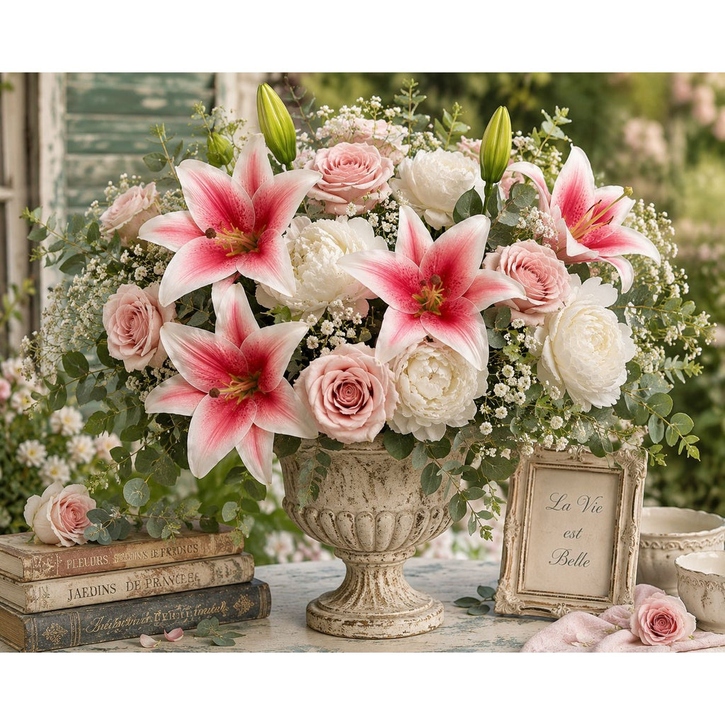 Floral arrangement with pink and white flowers in an ornate vase on a table.