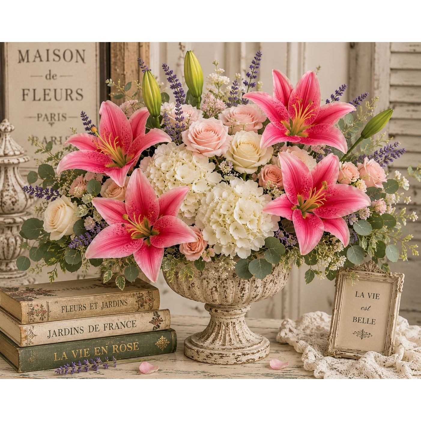Floral arrangement in a decorative vase with pink lilies and white hydrangeas on a table with books and a sign.