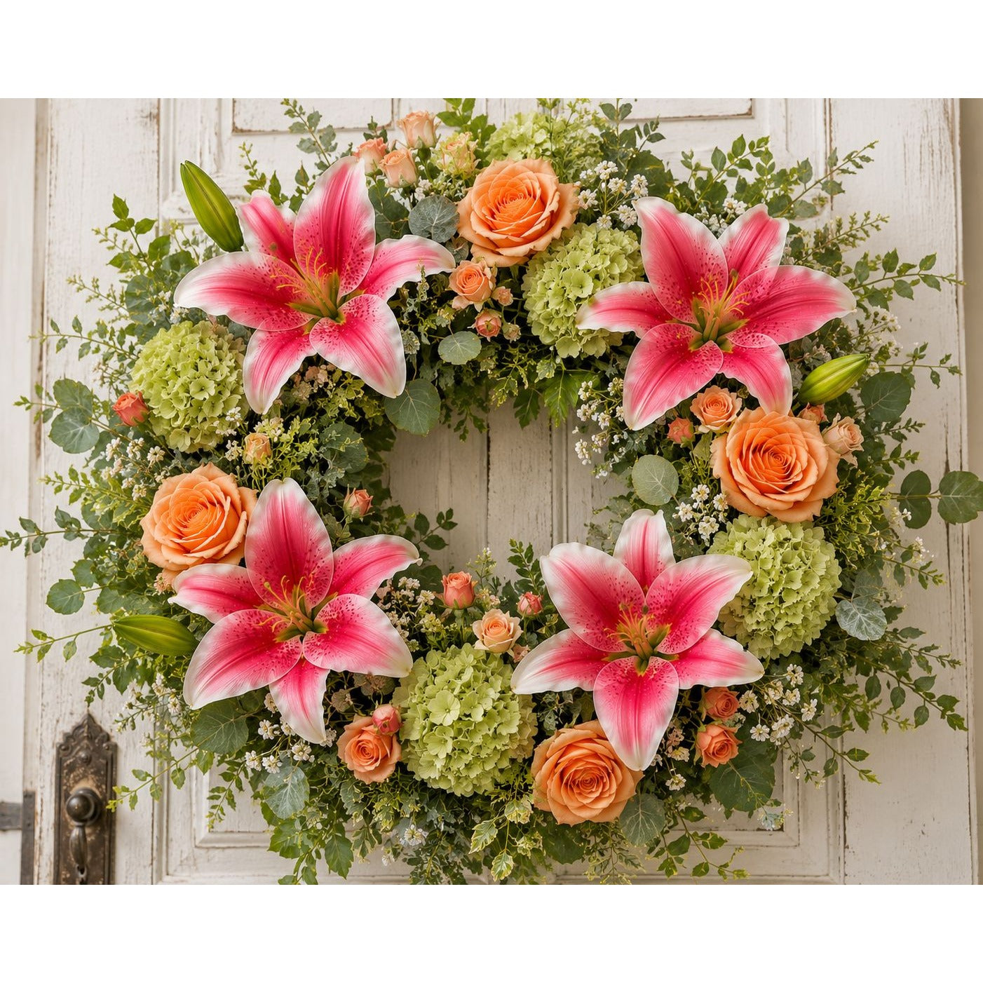 Floral wreath with pink lilies and orange roses on a white door