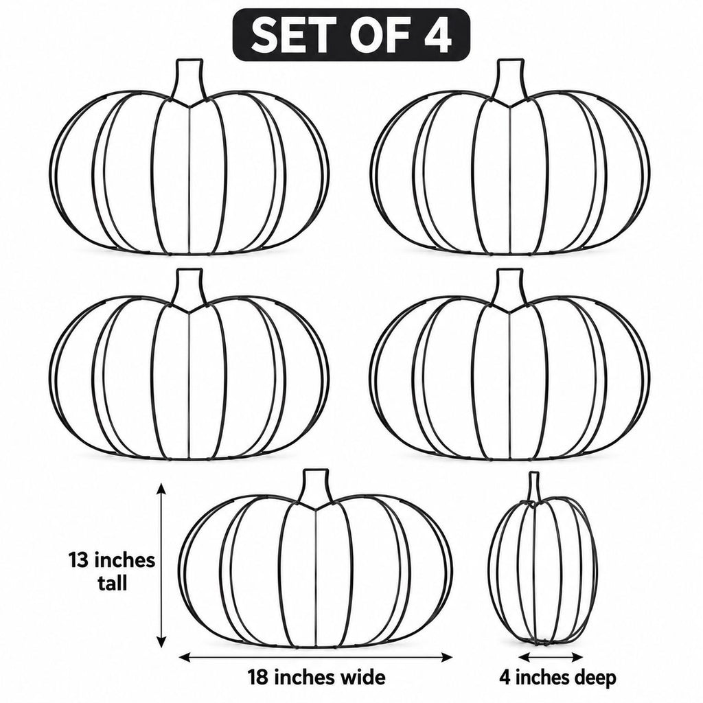 Set of 4 Black Metal 3D Pumpkin Wire Wreath Forms, 18-Inch Fall DIY Frames