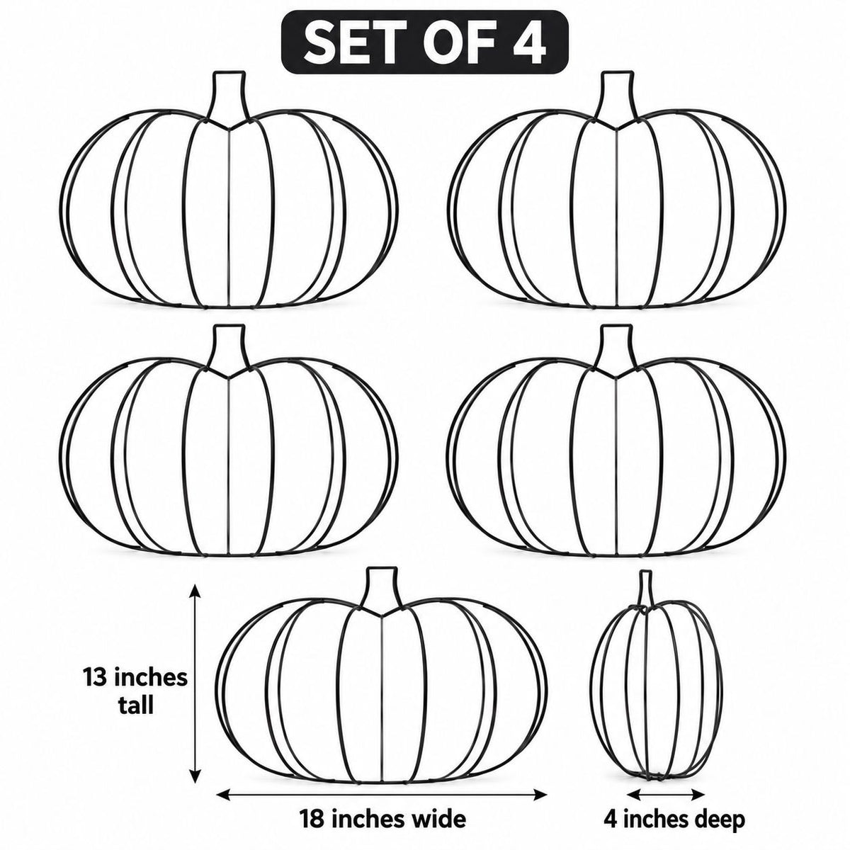 Set of 4 Black Metal 3D Pumpkin Wire Wreath Forms, 18-Inch Fall DIY Frames