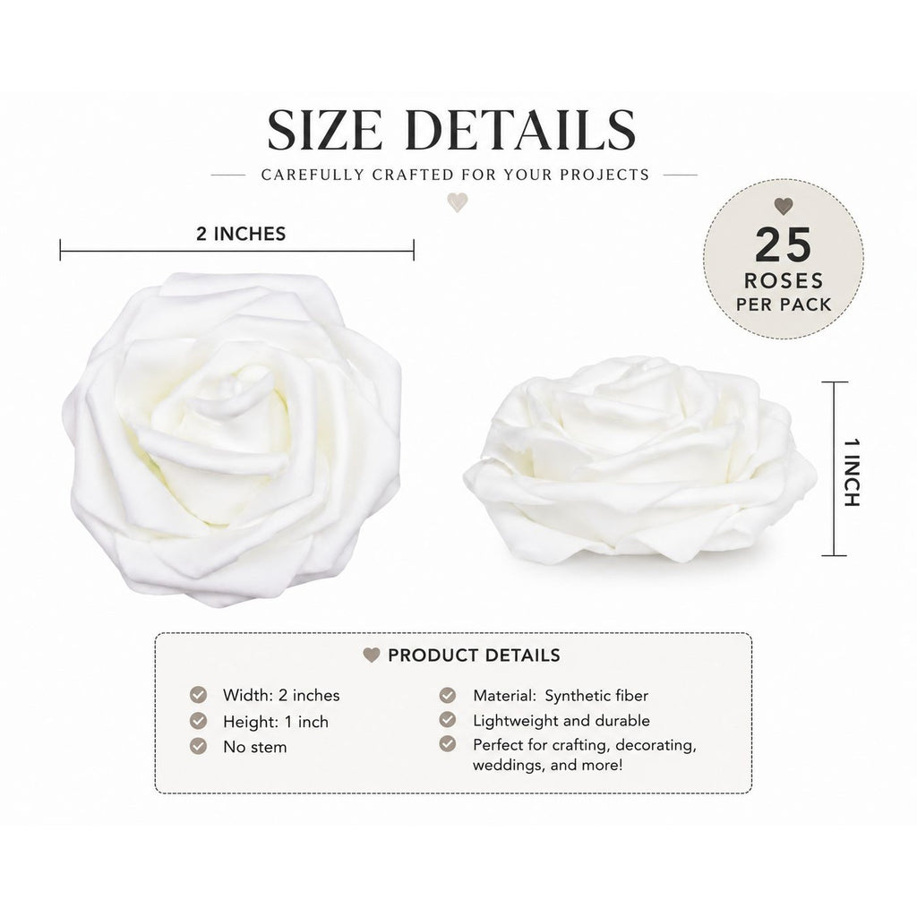 White decorative roses with size details and product features on a white background