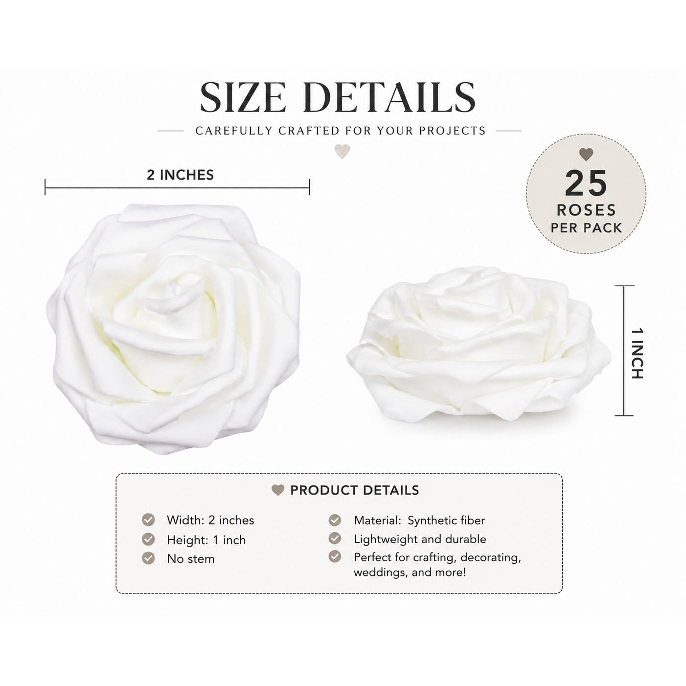 White decorative roses with size details and product features on a white background