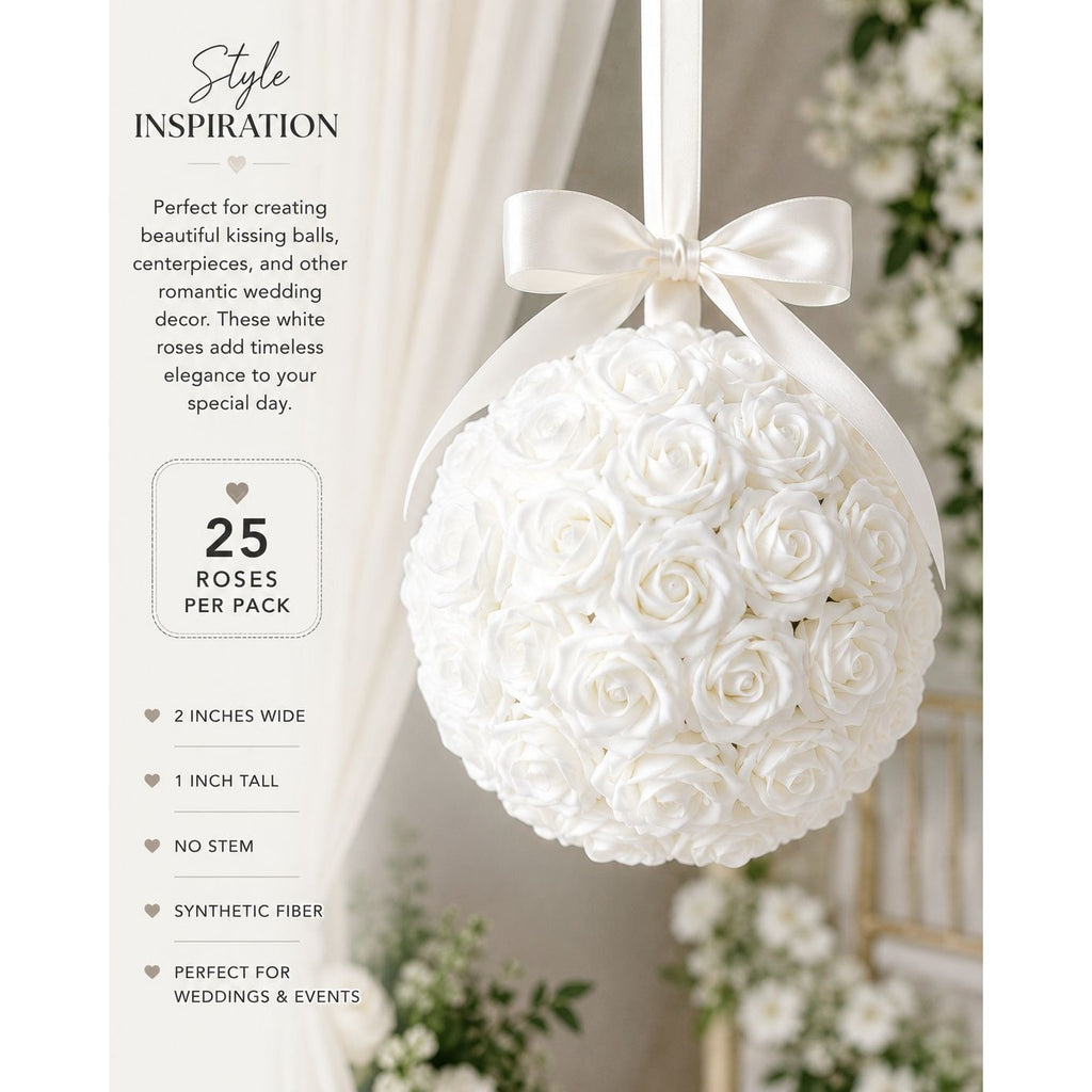 White rose ball with a bow, perfect for wedding decor, on a white background with text.